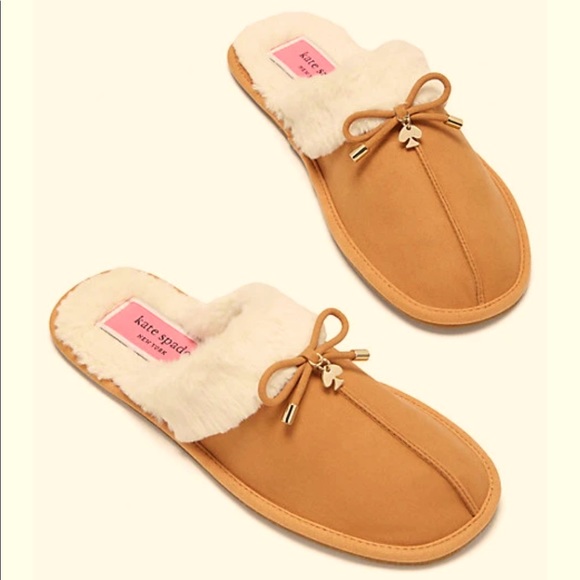 kate spade Shoes - Kate Spade Slippers Size 7 Lacey Suede Bow Classic Saddle Comfy Fur Gold Accents
